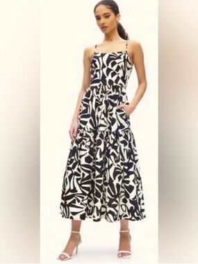 Christian Lacroix Linen Blend Tiered Midi Dress Sz L Black White Abstract Summer